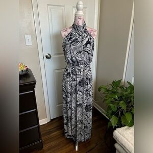 🏝️ Flirty Enfocus Studio Halter White Black Print Beach Maxi Sundress 8 M